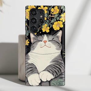 Happy Fat Cat Japanese Woodblock Print Style Phone Case, Phone Covers for Galaxy S25, S24, S23, S22, S21, S20 Plus, Ultra