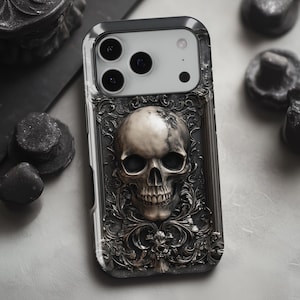 Gothic Skull Metalwork Design iPhone Case • Magsafe Compatible • For iPhone 17, 16, 15, 14, 13, 12, 11, XR, XS, Pro, Max, Air, Mini