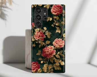 Crimson Bloom Vintage Floral Design Phone Case, Phone Covers for Samsung Galaxy S26, S25, S24, S23, S22, S21, S20 Plus, Ultra