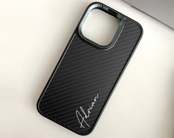 iPhone 15 series (15 Pro Max, 15 Pro, 15 Plus, and 15) personalized Aramid Fiber case with Magsafe and custom name signature
