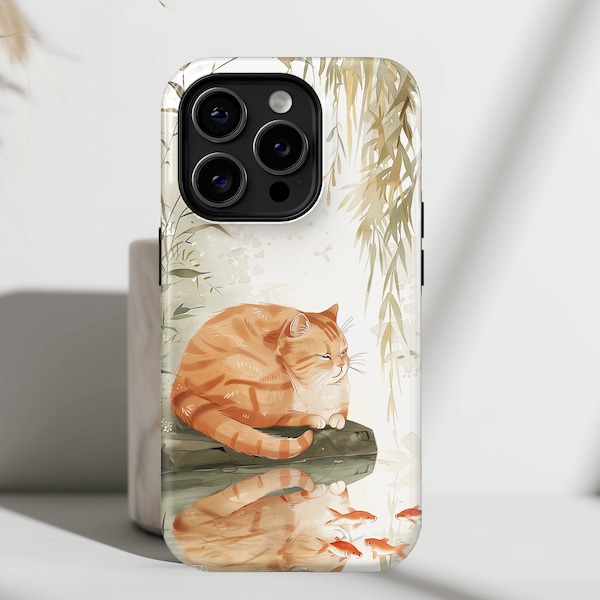 iPhone Case with Chubby Cat by the Pond Japanese Art Design • Magsafe Phone Case • For iPhone 15, 14, 13, 12, 11, XR, XS, Pro, Max, Mini