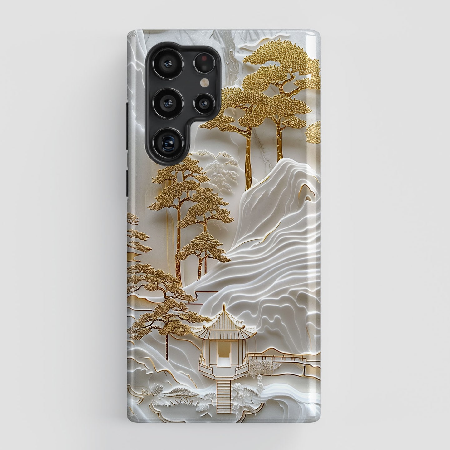 Samsung Phone Case with Golden 3D Effect Chinese Landscape Art Design for Galaxy S24, S23, S22, S21, S20 Plus, Ultra