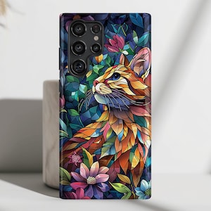 Phone Case with Elegant Cat Stained Glass Design for Galaxy S25, S24, S23, S22, S21, S20 Plus, Ultra