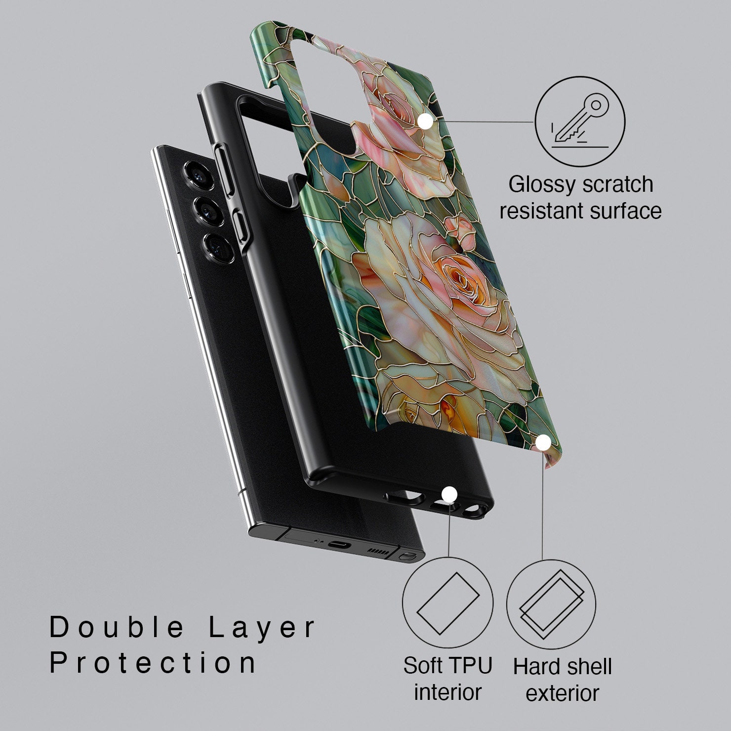 Roses Stained Glass Design Phone Case for Samsung Galaxy S24, S23, S22, S21, S20 Plus, Ultra, Flower Phone Case