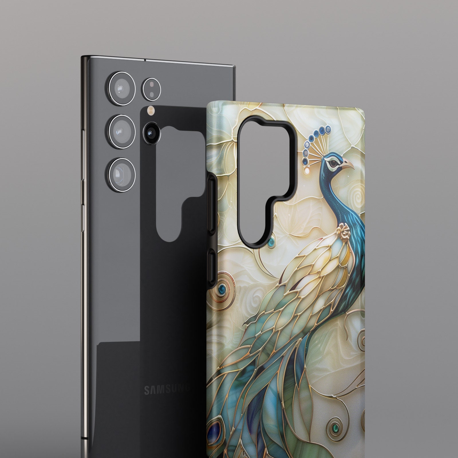 Peacock Stained Glass Design Phone Case for Samsung Galaxy S24, S23, S22, S21, S20 Plus, Ultra, Stained Glass Phone Case