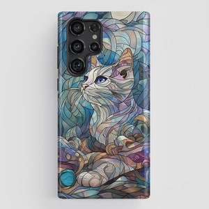 Cute Cat Stained Glass Design Phone Case for Galaxy S25, S24, S23, S22, S21, S20 Plus, Ultra, Cat Phone Case