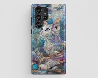 Cute Cat Stained Glass Design Phone Case for Samsung Galaxy S26, S25, S24, S23, S22, S21, S20 Plus, Ultra
