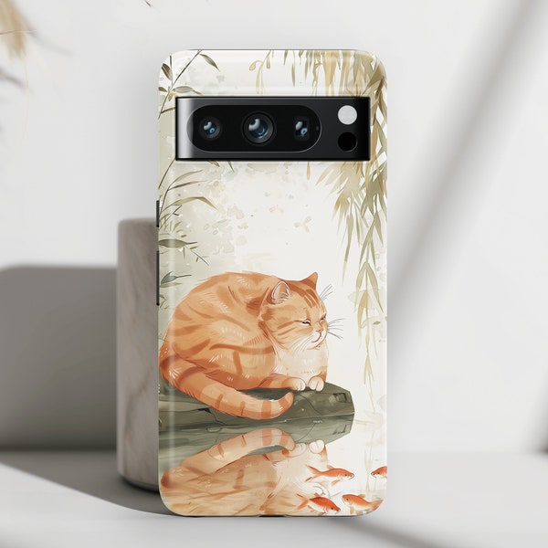 Google Phone Case with Cute Chubby Cat by the Pond Japanese Art Design , For Google Pixel 8, 8 Pro, 7, 7 Pro, 6, 6 Pro, 5 5G, Cat Lover Gift