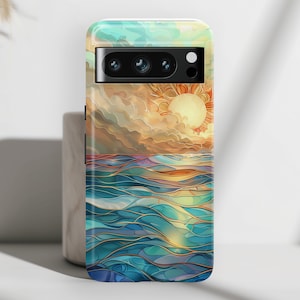 Google Pixel Phone Case with Sun & Ocean Stained Glass Design 1, For Google Pixel 9, 9 Pro, 9 Pro XL, 8, 8 Pro, 7, 6, 6 Pro, 5 5G
