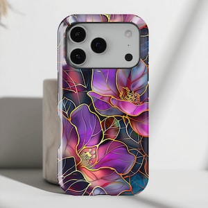 iPhone Case with Purple Flower Stained Glass Design • Magsafe Compatible • iPhone 17, 16, 15, 14, 13, 12, 11, XR, XS, Pro, Max, Air, Mini