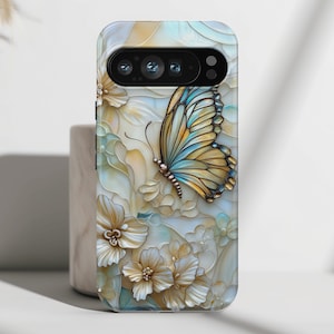 Phone Case with Elegant Butterfly & Flowers Stained Glass Design 1, Cover For Google Pixel 9, 9 Pro, 9 Pro XL, 8, 8 Pro, 7, 6, 6 Pro, 5 5G