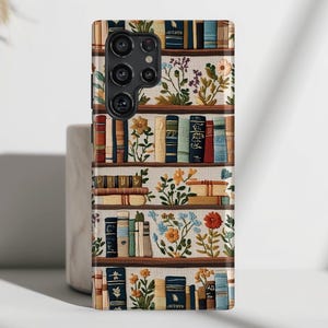 Phone Case with Floral Bookshelf Embroidery Art Design for Galaxy S25, S24, S23, S22, S21, S20 Plus, Ultra