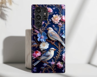 Phone Case with William Moris Inspired 3D Birds Floral Design for Samsung Galaxy S26, S25, S24, S23, S22, S21, S20 Plus, Ultra