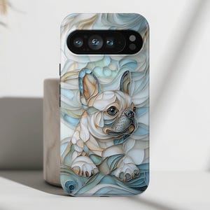 Phone Case with Frenchie Puppy Stained Glass Art Design, Cover For Google Pixel 9, 9 Pro, 9 Pro XL, 8, 8 Pro, 7, 6, 6 Pro, 5 5G