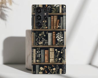 Phone Case with Vintage Cottagecore Floral Bookshelf Design for Samsung Galaxy S26, S25, S24, S23, S22, S21, S20 Plus, Ultra