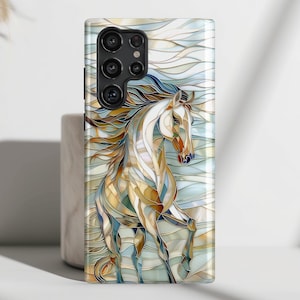 Phone Case with Running Horse Stained Glass Design for Galaxy S25, S24, S23, S22, S21, S20 Plus, Ultra, Horse Lover Gift