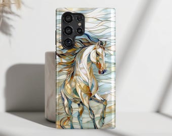 Phone Case with Running Horse Stained Glass Design for Galaxy S26, S25, S24, S23, S22, S21, S20 Plus, Ultra, Horse Lover Gift