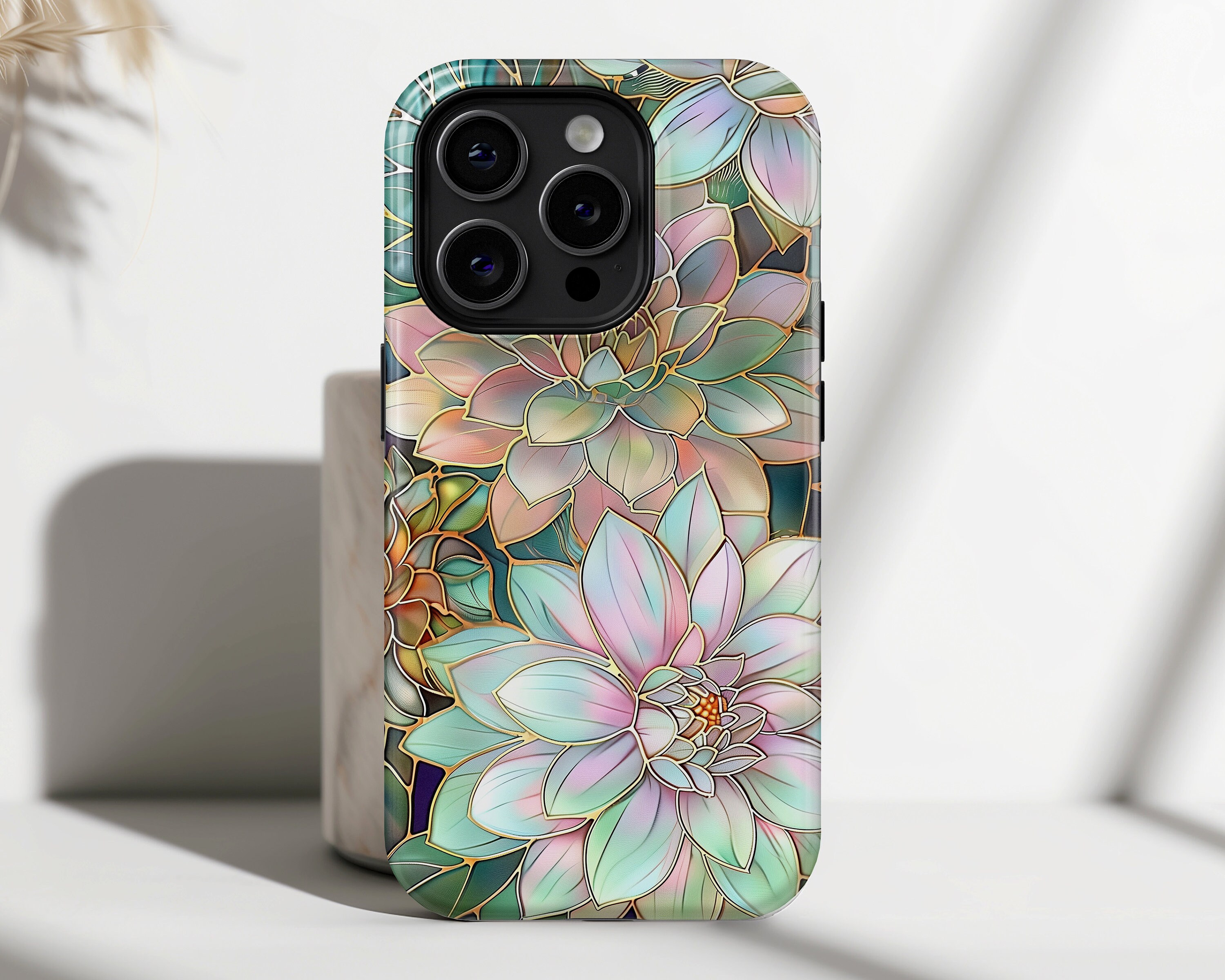 iPhone Case with Pastel Dahlia Flowers Stained Glass Design • Magsafe Phone Case • For iPhone 15, 14, 13, 12, 11, XR, XS, Pro, Max, Mini