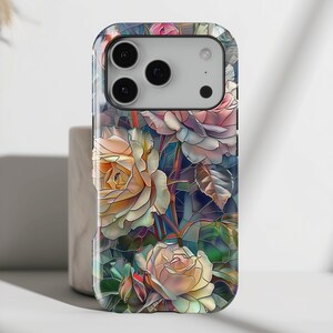 iPhone Case with Elegant Roses Stained Glass Design • Magsafe Compatible • iPhone 17, 16, 15, 14, 13, 12, 11, XR, XS, Pro, Max, Air, Mini