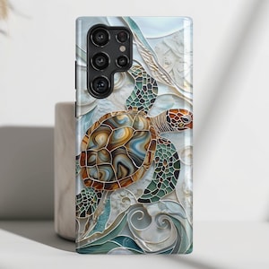 Phone Case with Turtle Stained Glass Mosaic Design for Samsung Galaxy S25, S24, S23, S22, S21, S20 Plus, Ultra, Honu Lover Gift
