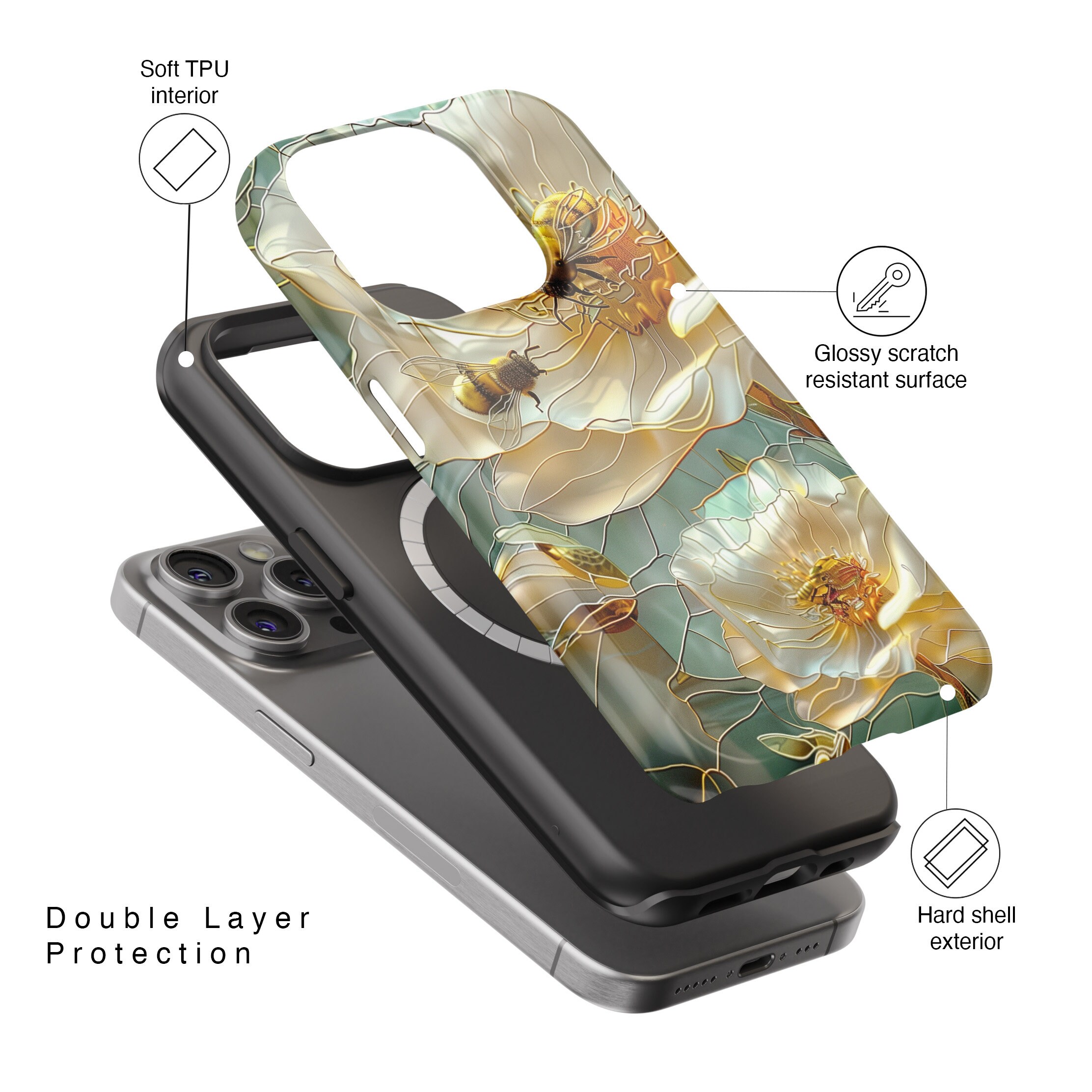 iPhone Case with Bees on Flower Stained Glass Design • Magsafe Phone Case • For iPhone 15, 14, 13, 12, 11, 8, XR, XS, Pro, Max, Mini, Plus