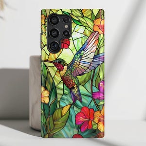 Phone Case with Colourful Hummingbird in Stained Glass Design for Galaxy S25, S24, S23, S22, S21, S20 Plus, Ultra