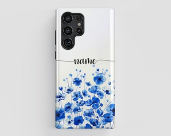 Blue Watercolor Phone Case for Samsung Galaxy S23, S22, S21, S20 Plus, Ultra, Aesthetic Floral Case, Custom Name Phone Case