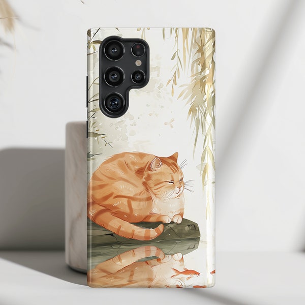 Samsung Phone Case with Cute Chubby Cat by the Pond Japanese Art Design for Galaxy S24, S23, S22, S21, S20 Plus, Ultra, Cat Lover Gift