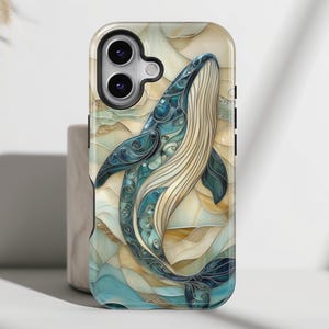 Capa para iPhone com estampa de vitral de baleia azul • Capa para celular Magsafe • Para iPhone 16, 15, 14, 13, 12, 11, XR, XS, Pro, Max, Mini