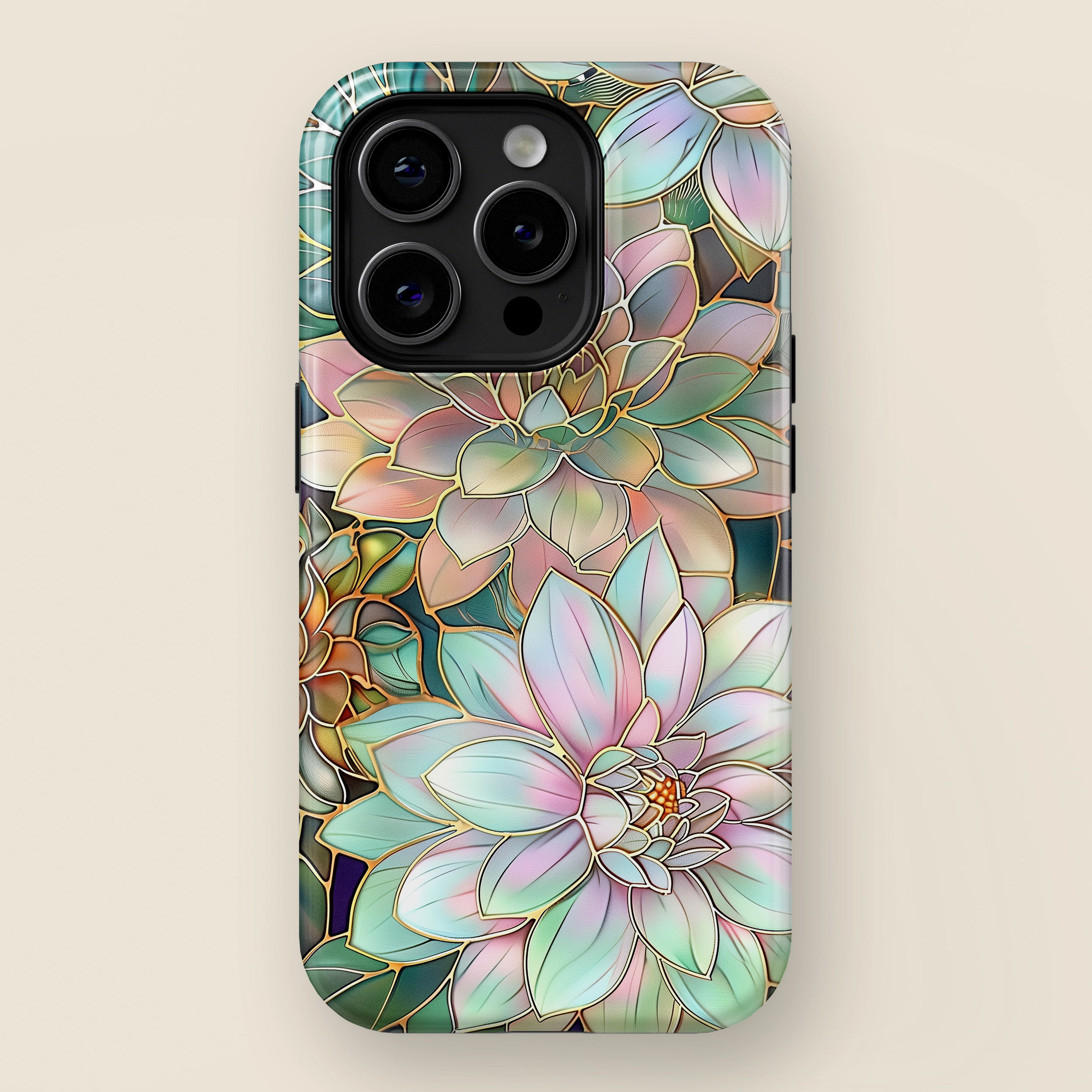 iPhone Case with Pastel Dahlia Flowers Stained Glass Design • Magsafe Phone Case • For iPhone 15, 14, 13, 12, 11, XR, XS, Pro, Max, Mini