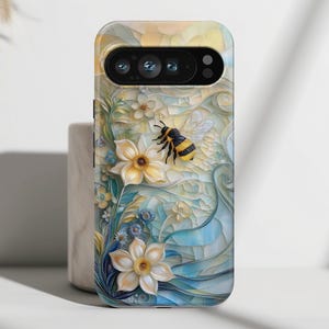 Phone Case with Bumblebee & Floral Stained Glass Art Design, Cover For Google Pixel 9, 9 Pro, 9 Pro XL, 8, 8 Pro, 7, 6, 6 Pro, 5 5G