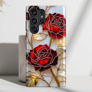 Luxus rote Rose Buntglas Design Handyhülle, Handy Cover für Galaxy S25, S24, S23, S22, S21, S20 Plus, Ultra