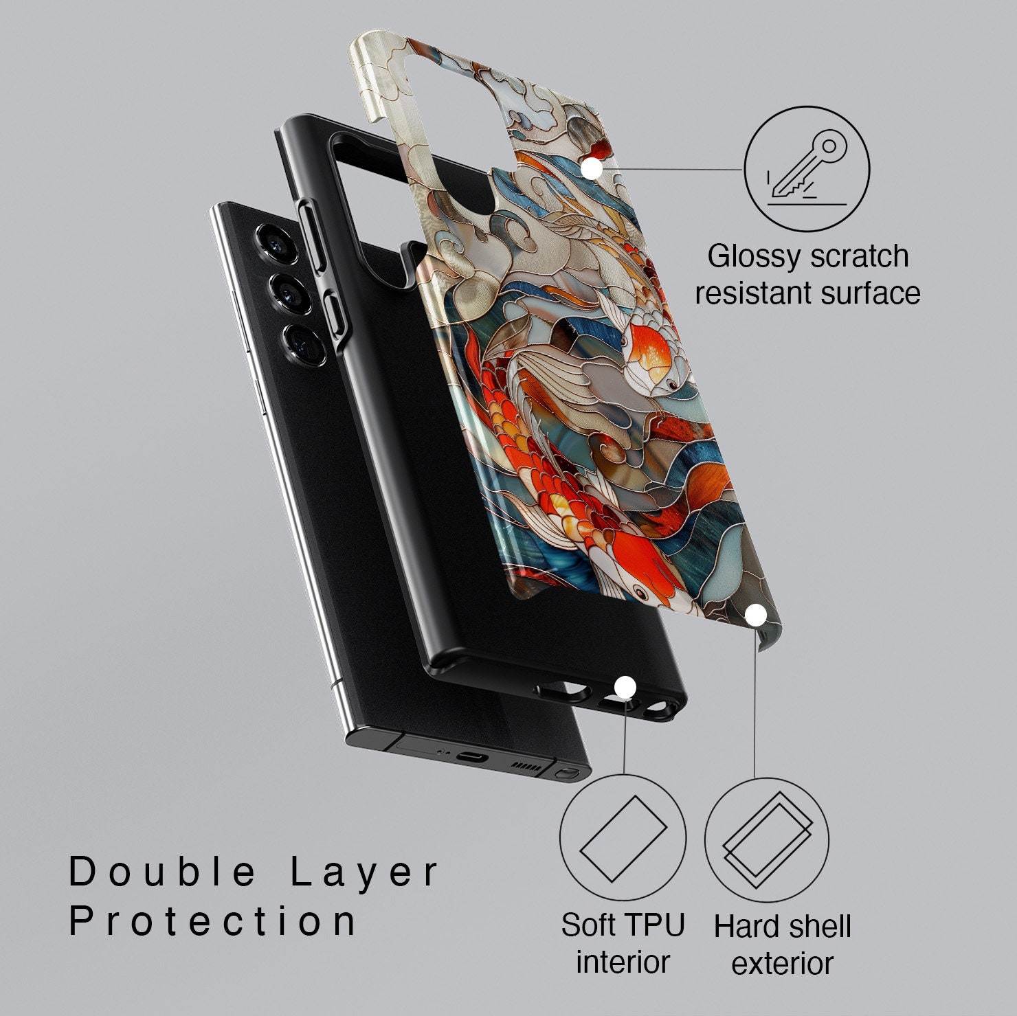 Samsung Phone Case with Koi Fish Stained Glass Design for Galaxy S24, S23, S22, S21, S20 Plus, Ultra