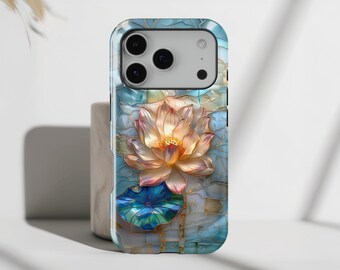 Lotus Flower Stained Glass Design iPhone Case • Magsafe Compatible • For iPhone 17, 16, 15, 14, 13, 12, 11, XR, XS, Pro, Max, Air, Mini