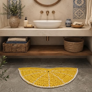 Puede incluir: Una alfombra de baño de ganchillo en forma de media rodaja de limón, con un centro texturizado de color amarillo vibrante y detalles de hilo blanco que delinean los segmentos y el borde exterior curvo, sobre un suelo de piedra gris.