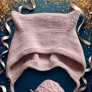 May include: A light pink knitted hat with pointed ears and ear flaps, and a matching ball of yarn. The hat is made of a soft, textured yarn. The background is dark blue with gold glitter and white ribbons.