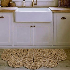 Handmade Jute & Linen Crochet Kitchen Rug, Rustic Farmhouse Sink Mat, Natural Fiber Half Moon Rug, Eco Friendly Kitchen Floor Mat