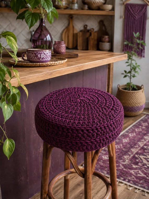 Crochet Round Stool Cover, Bar Stool Seat Cover, Cotton Chair Cushion Cover, Round Chair Slipcover, Custom Size, Boho Kitchen Decor