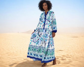 Ethnic Print Oversized Maxi Dress, Boho Kaftan Dress for Women, Viscose Blend Long Dress, Resort Wear, Loose Fit Summer Dress