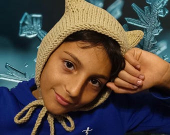 Gorro de punto para gato con orejas, color beige, para adultos y niños. Pasamontañas para gato con orejas.