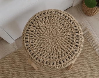 Crochet Jute Linen Stool Cover, Round Bar Stool Seat Cover, Rustic Chair Cushion Cover, Farmhouse Kitchen Decor, Custom Size