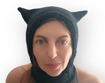 Knitted balaclava with cat ears, hooded hat for adults and children, mohair hat, winter women's hat with earflaps, wool devil hat