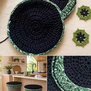 May include: Two circular, hand-crocheted seat covers featuring a solid dark navy blue centre and a variegated green and white textured border. Two small, matching green and black octagonal crochet motifs are positioned to the right of the covers.