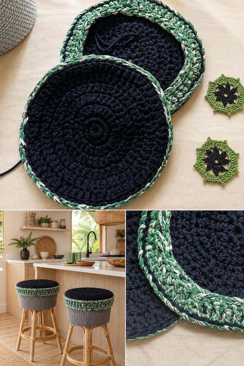 May include: Two circular, hand-crocheted seat covers featuring a solid dark navy blue centre and a variegated green and white textured border. Two small, matching green and black octagonal crochet motifs are positioned to the right of the covers.