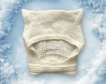 Knit Cat Bonnet  Knit Adult Bonnet Mohair Hat White Adult Bonnet Winter Woman Balaclava Beanie With Ears Cat Ears Hat Wool