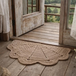 Puede incluir: Una alfombra de ganchillo semicircular en color beige neutro con un diseño de borde festoneado. La alfombra está elaborada con un patrón de hilo texturizado y se encuentra sobre una superficie de madera frente a una puerta abierta.