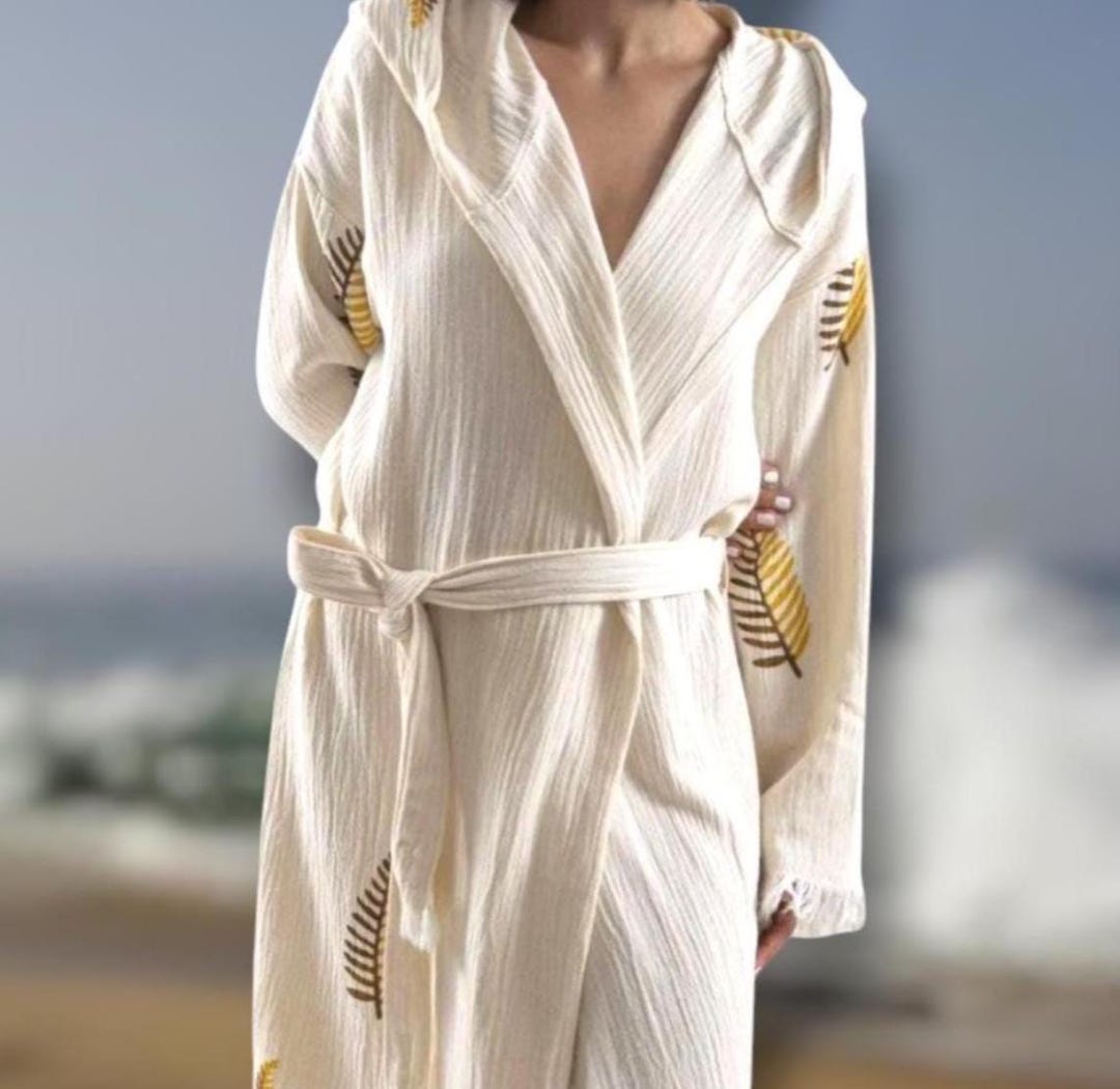 Boho Robe Boho Morning Robe, Organic Cotton Spa Robe, Gauze Robe, Hand Print ...