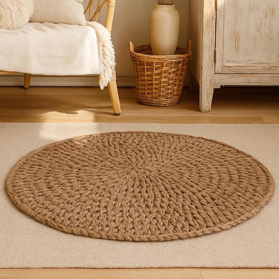 Round Jute Rug, Hemp Crochet Rug, Boho Bath Mat, Rustic Rug, Bathroom Floor and Door Mats.