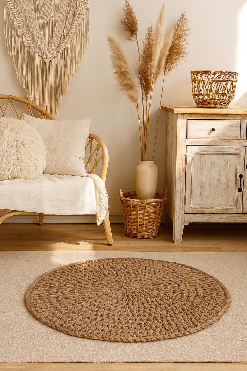 Round Jute Rug, Hemp Crochet Rug, Boho Bath Mat, Rustic Rug, Bathroom Floor and Door Mats. image 4