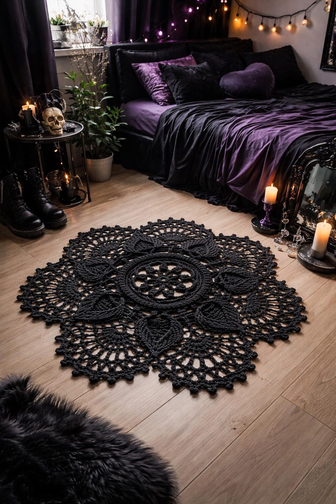 Goth Rug Background Black Gothic Crochet Rug, Handmade Lace Doily Rug, Dark Academia Room ...